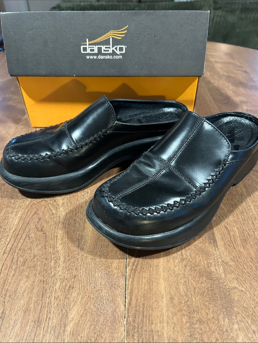 Dansko Black Leather Slip-On Clog Loafers
